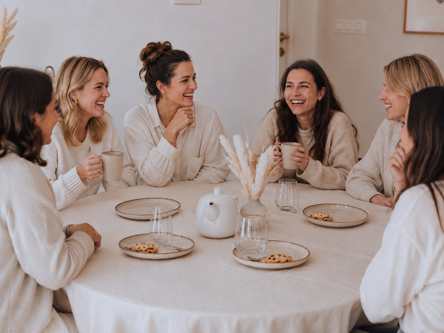 La future maman et ses proches autour de la table pendant un atelier créatif · Entre Deux