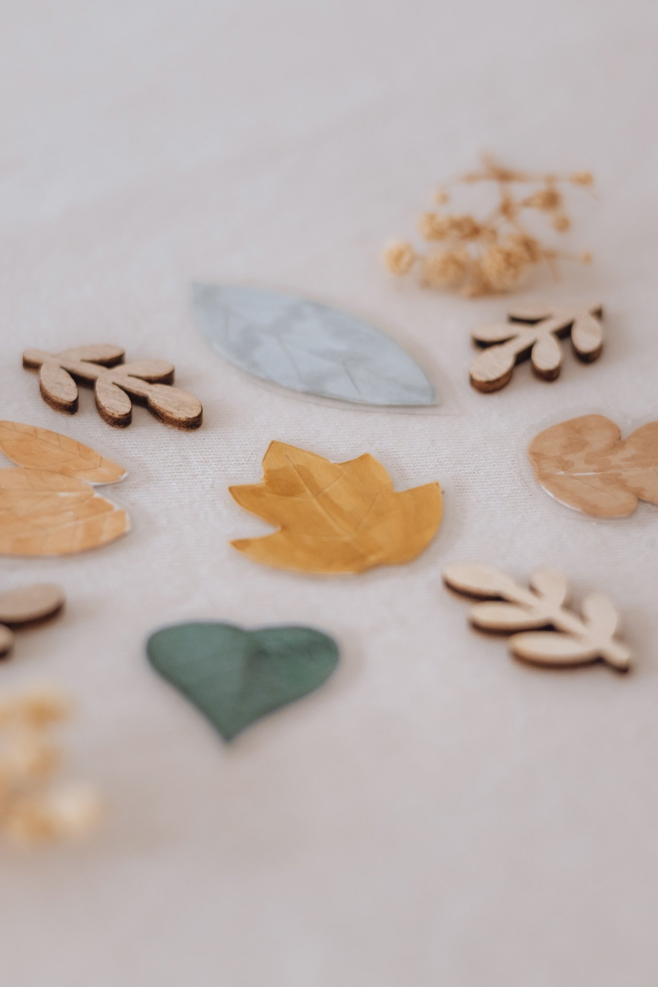 Feuilles et petits cœurs en bois colorés à choisir pour décorer son arbre des valeurs — Entre Deux