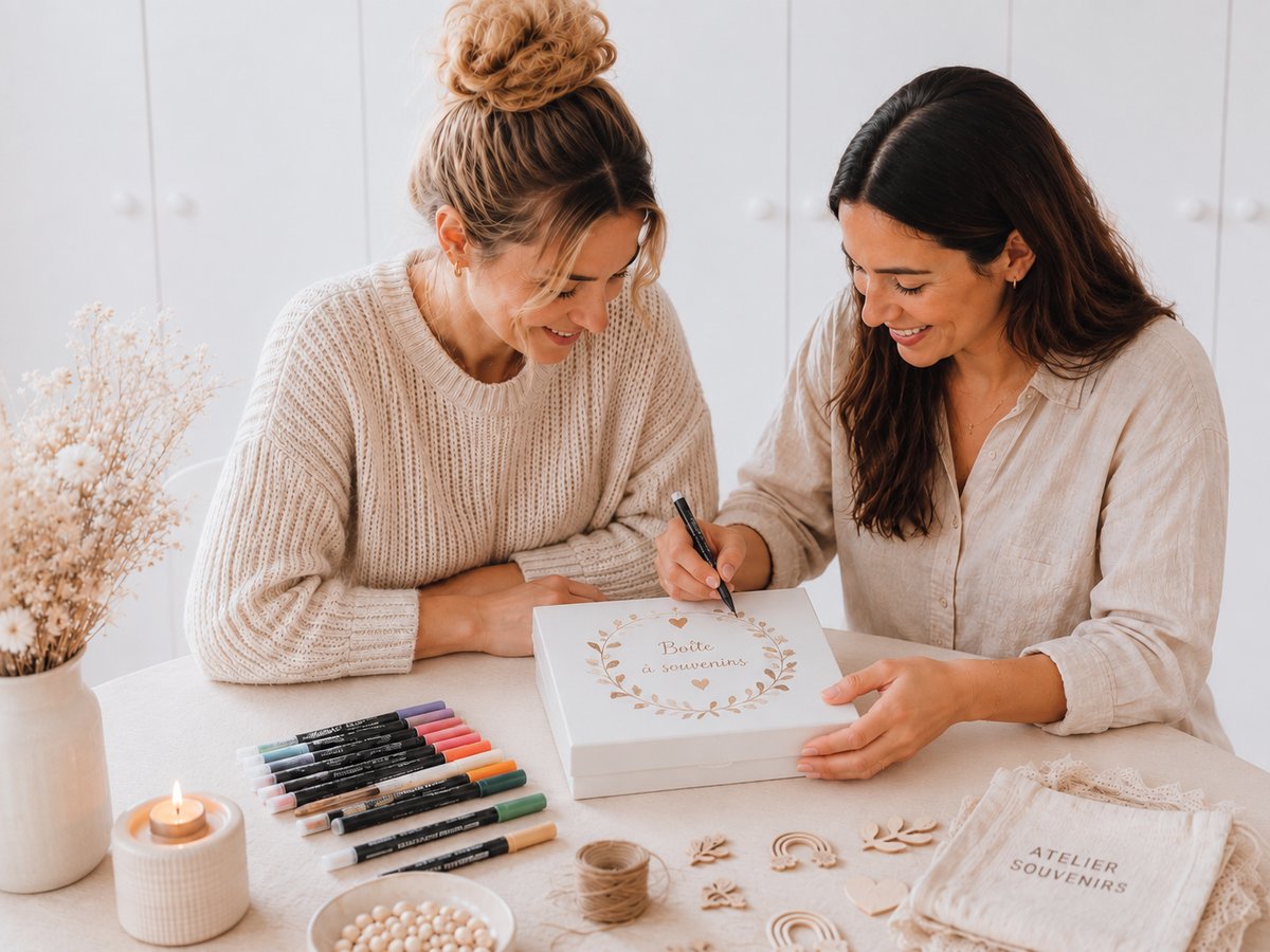 Deux copines personnalisant le coffret des premiers liens avec des feutres — Entre Deux