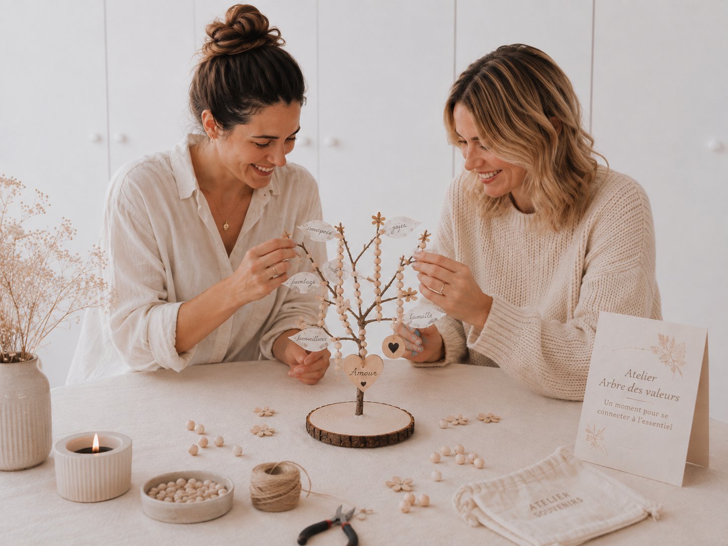 Deux participantes décorant ensemble l'arbre des valeurs lors de l'atelier des premiers liens — Entre Deux